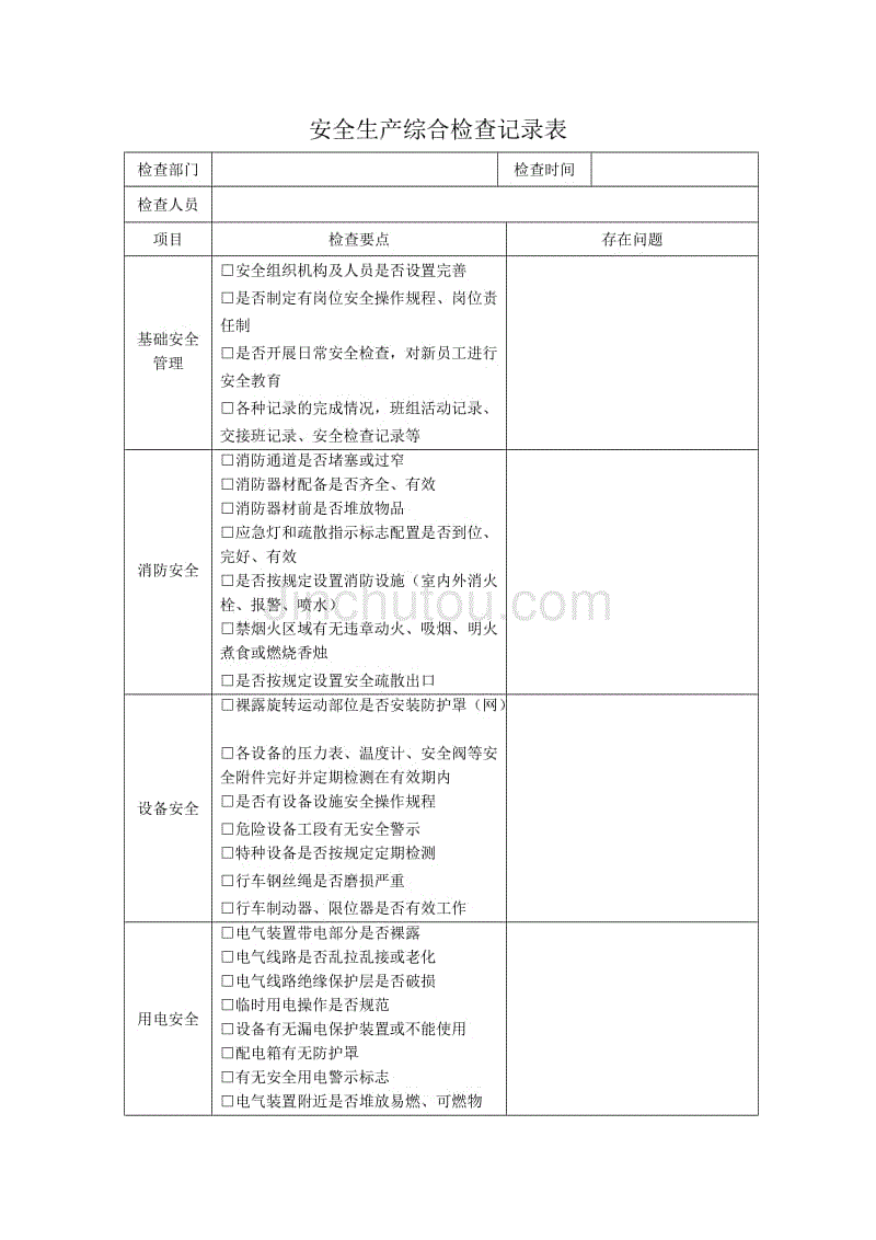 安全生产综合检查记录表