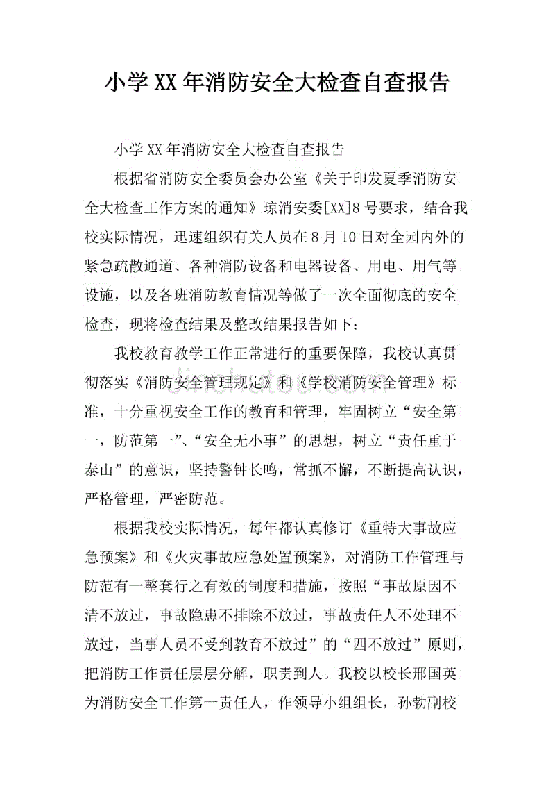 小学xx年消防安全大检查自查报告