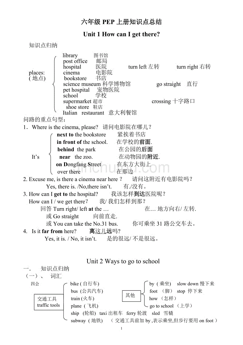 新版pep六年级上册英语期末复习知识点