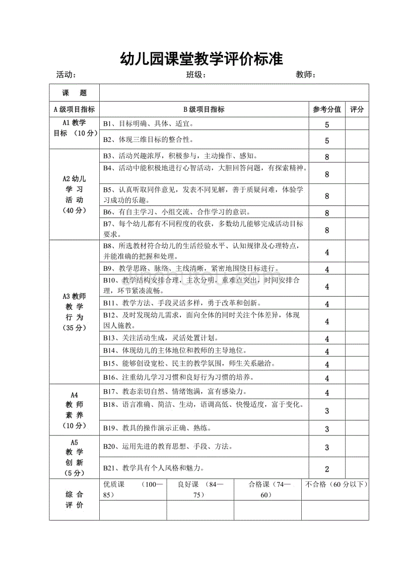 幼儿园课堂教学评分表