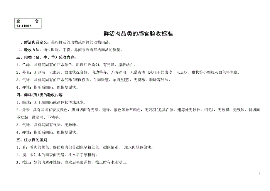 鲜活肉品类验收标准