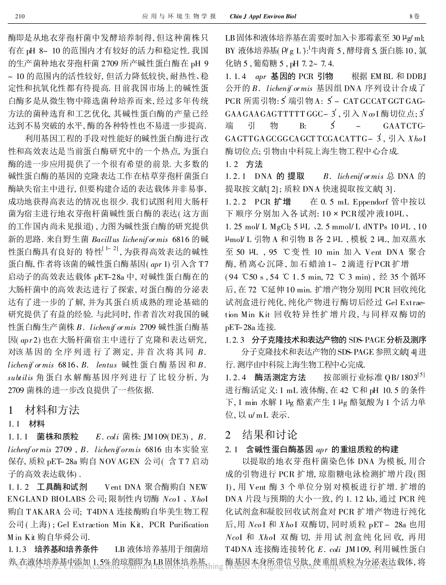 地衣芽孢杆菌2709和6816碱省略大肠杆菌中的克隆表达及序列分析唐雪明