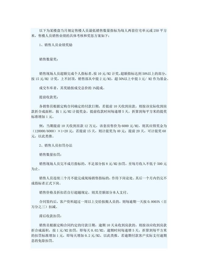 某楼盘售楼人员销售业绩的具体考核和奖惩方案