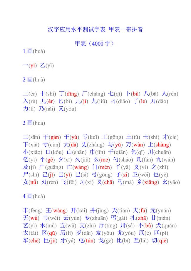 汉字应用水平测试字表甲表一带拼音