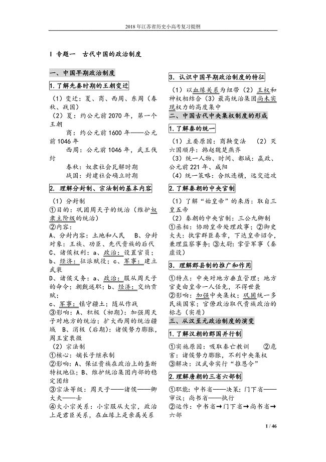 2019年江苏省历史小高考复习提纲全