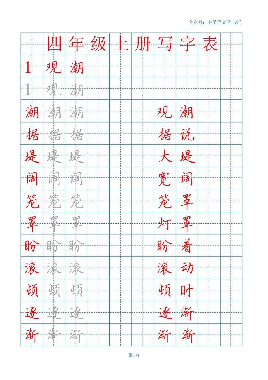 部编版2019年秋四年级语文上全册田字格写字表pdf般21页