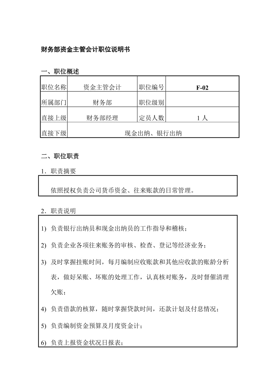 某公司资金主管会计职位说明书