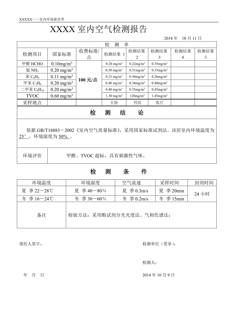 甲醛檢測報告樣本