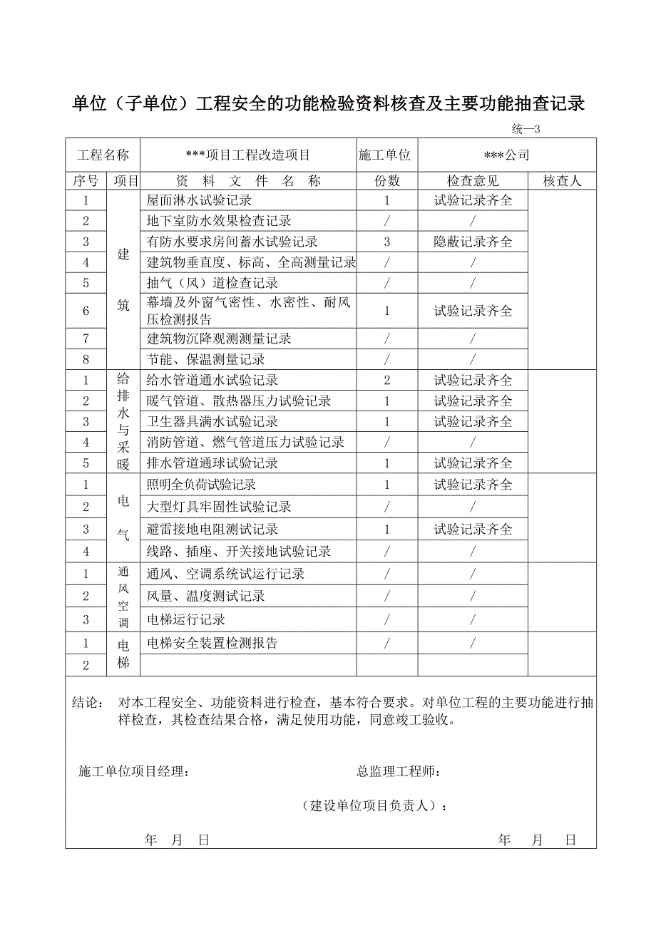 單位子單位工程安全的功能檢驗資料核查及主要功能抽查記錄