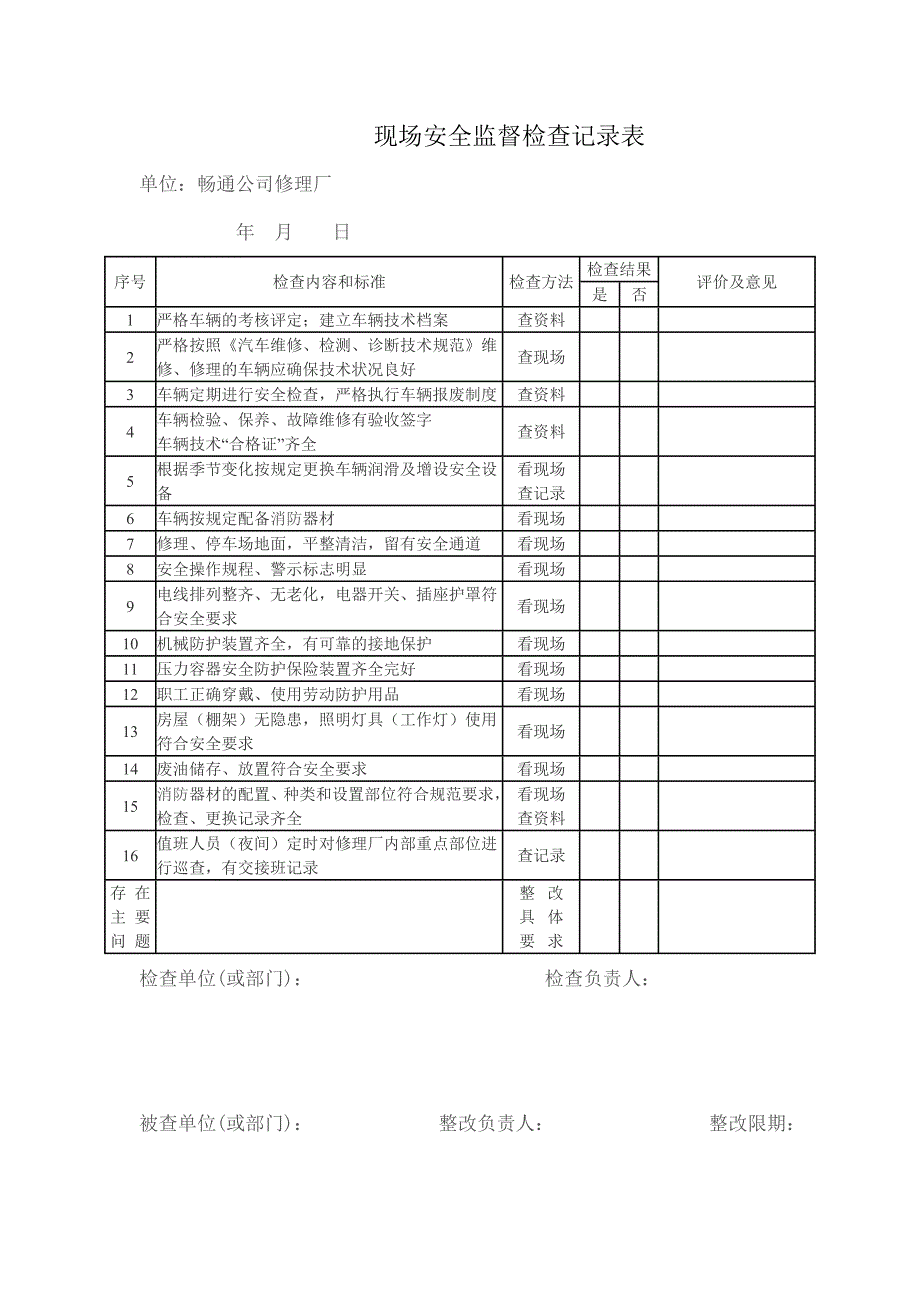 修理廠現場安全檢查記錄表