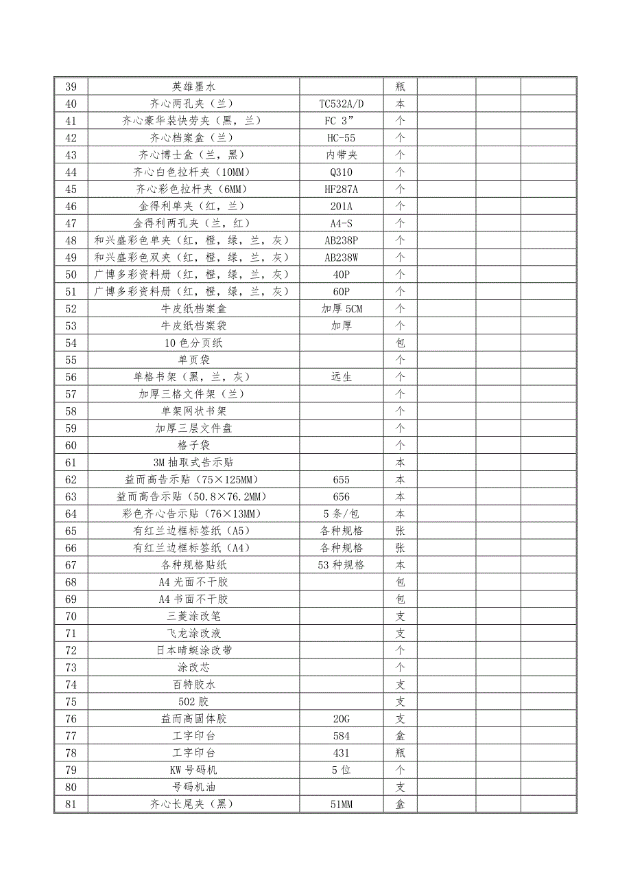 办公用品及低值易耗品清单表