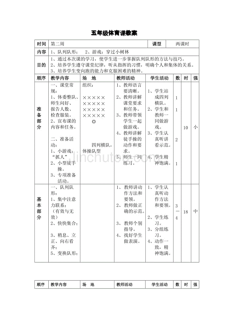 五年级体育课教案队列队形