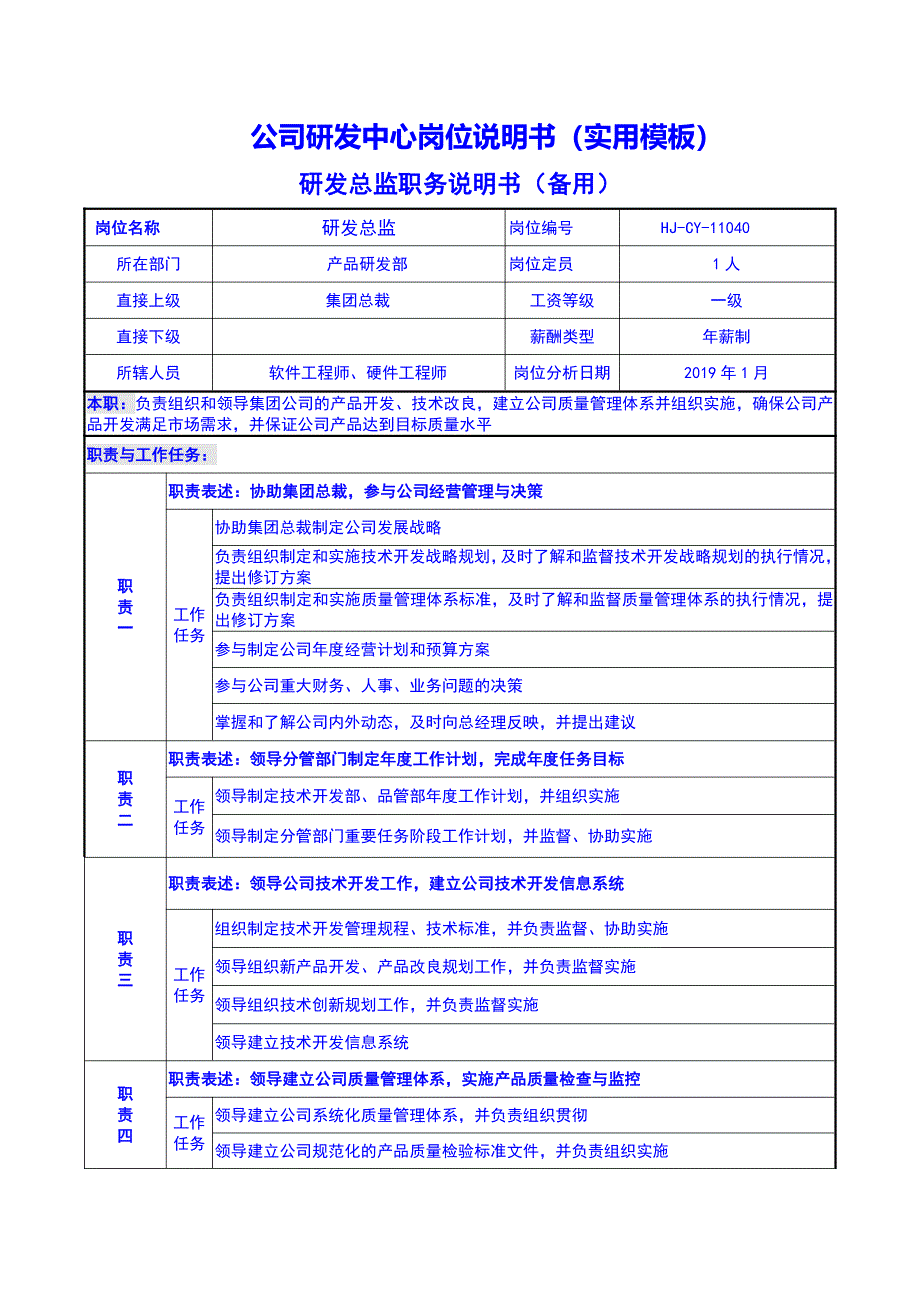 公司研發中心主要崗位說明書實用模板