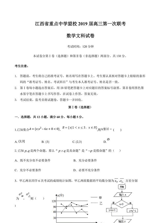 江西省重点中学盟校2019届高三第一次联考 数学（文）含答案
