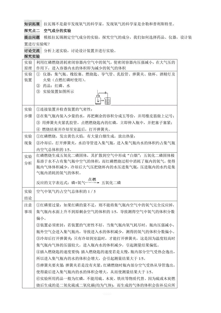 人教版20182019学九年级化学上册第2单元我们周围的空气课题1空气教案