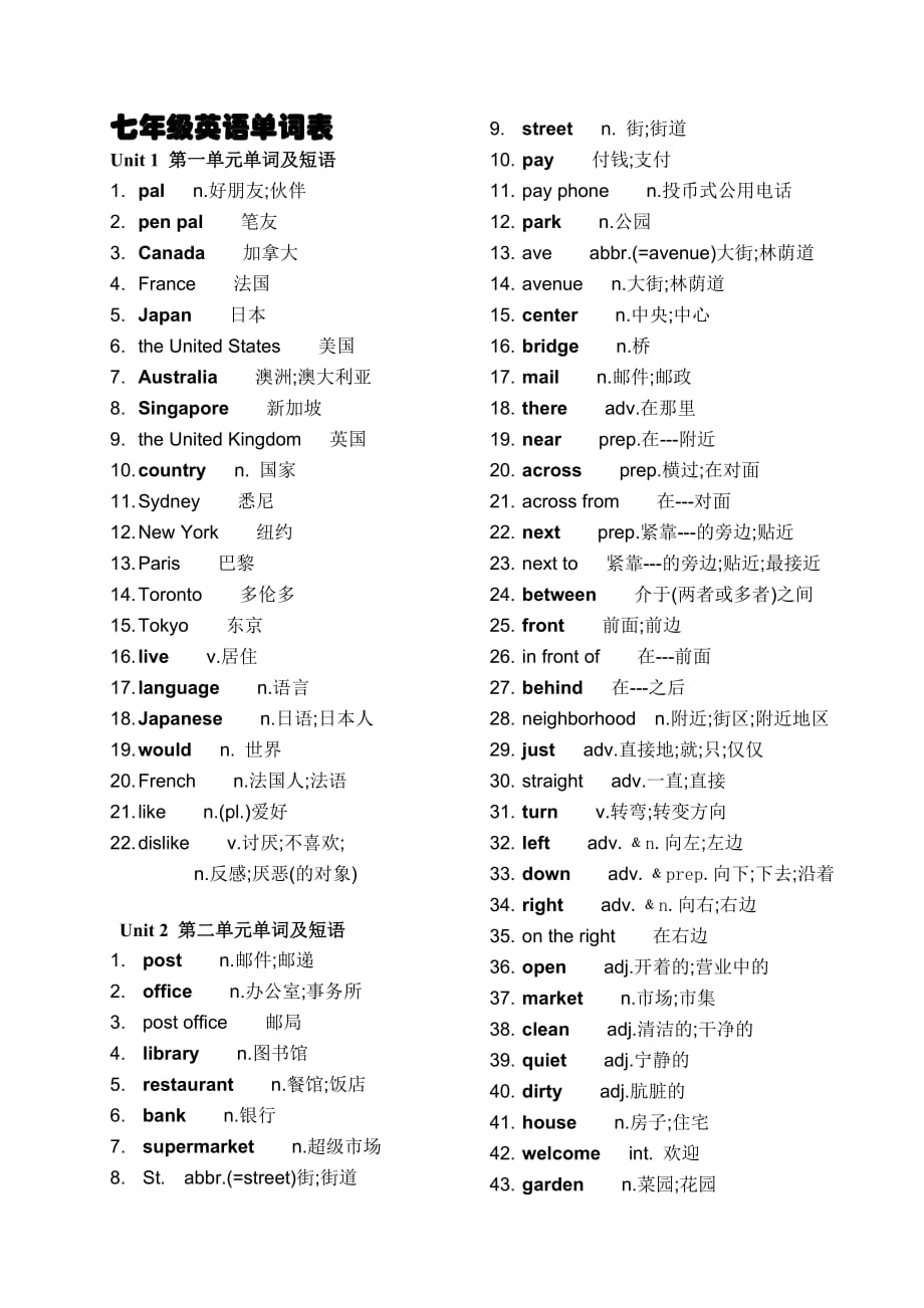 人教版七年级下册英语单词表