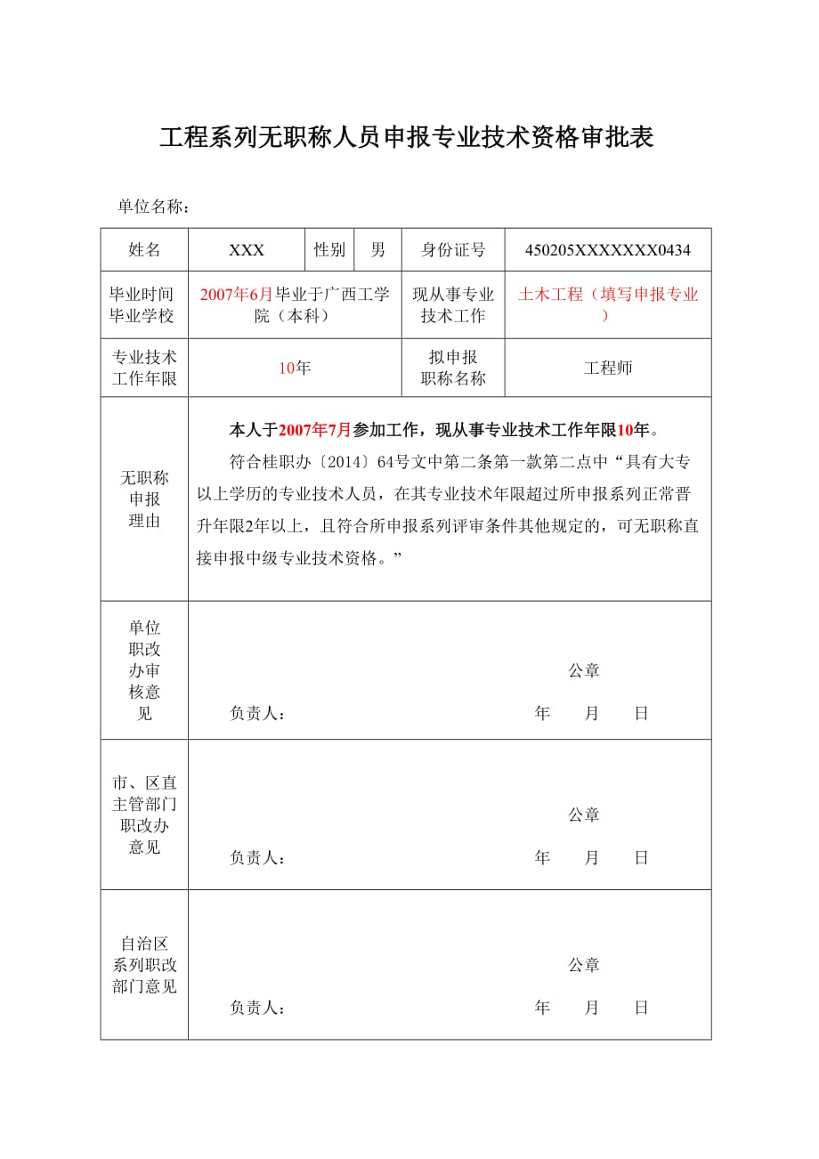 工程系列無職稱人員申報專業技術資格審批表