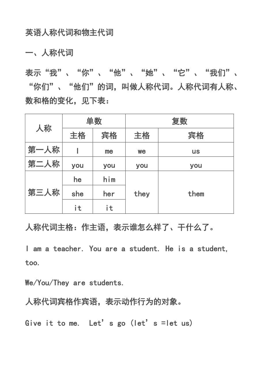 小學人稱代詞和物主代詞表格